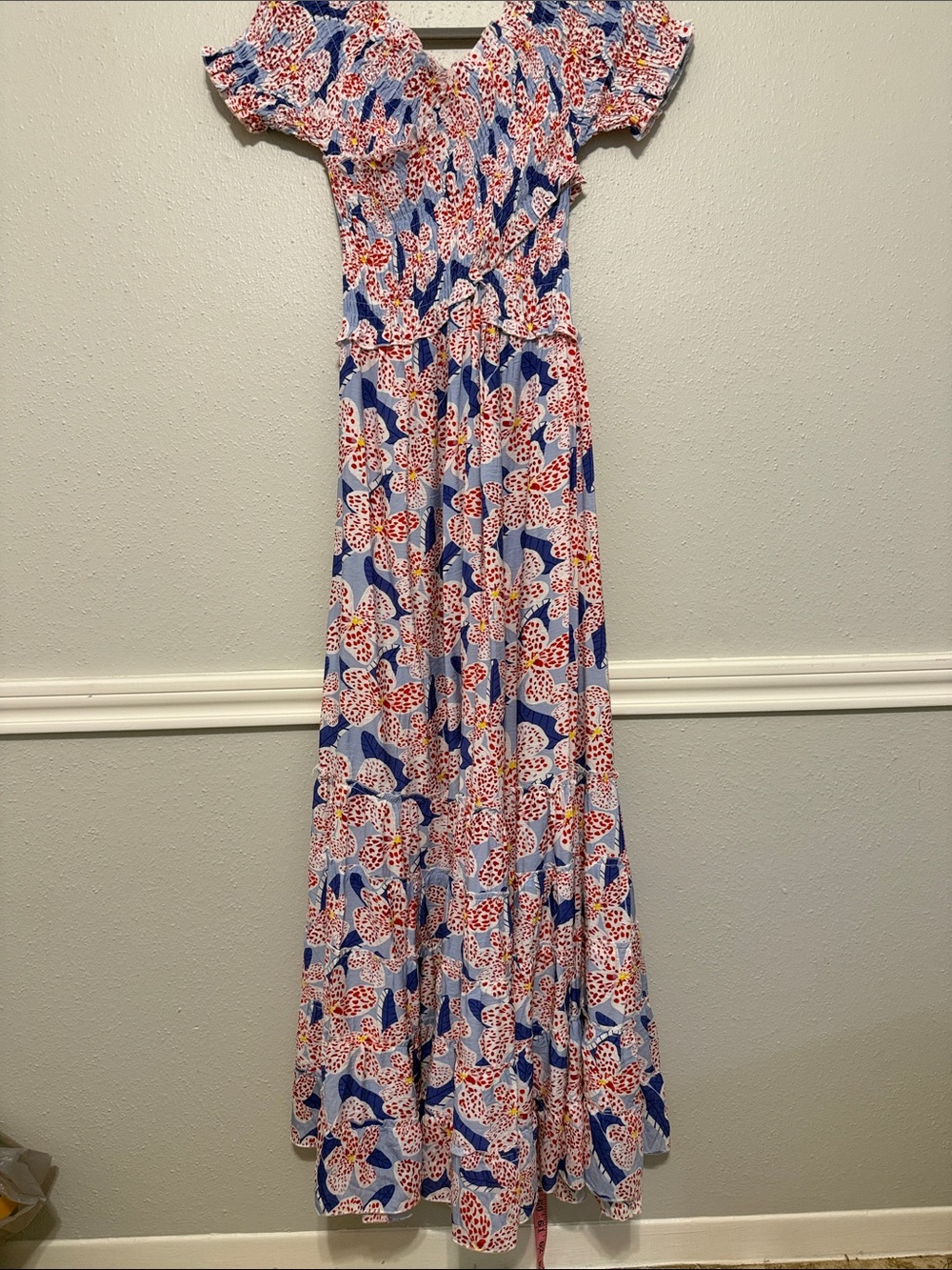 Luminary Blue Floral Print Maxi Dress with Ruffle and Smocking Details